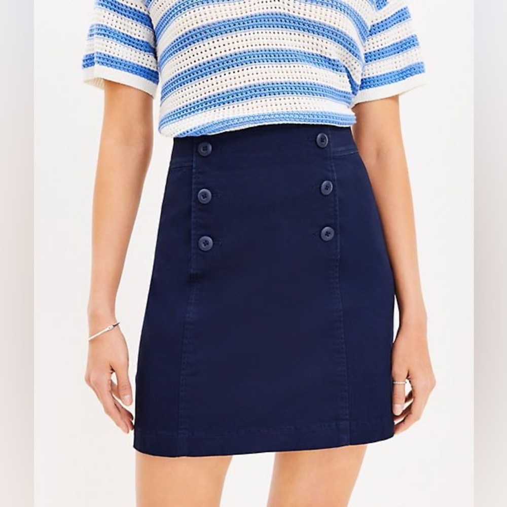 Loft Twill Sailor Nautical Navy Blue Button Front Side Zipper Skirt Size 4